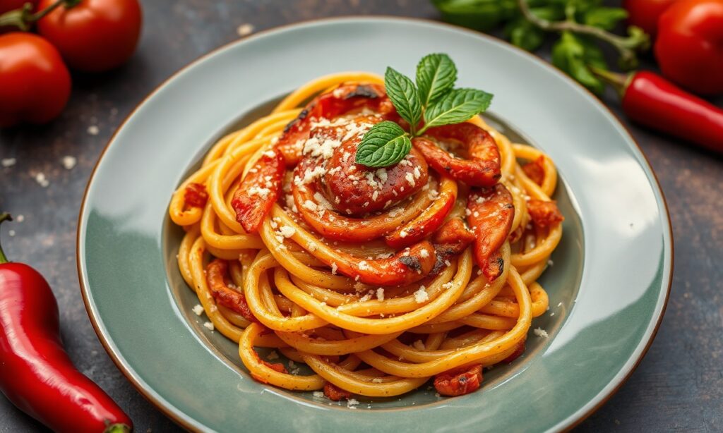 Decadent roasted red pepper pasta with creamy, smoky sauce.