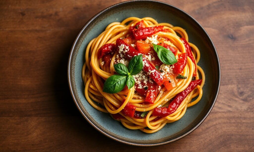Decadent roasted red pepper pasta with creamy, smoky sauce.