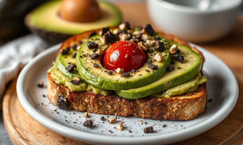 Perfect avocado toast masterpiece: ripe avocado, ultimate breakfast creation.