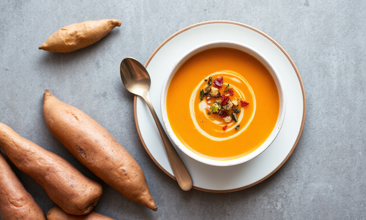 Golden comfort soup: creamy roasted sweet potato recipe.