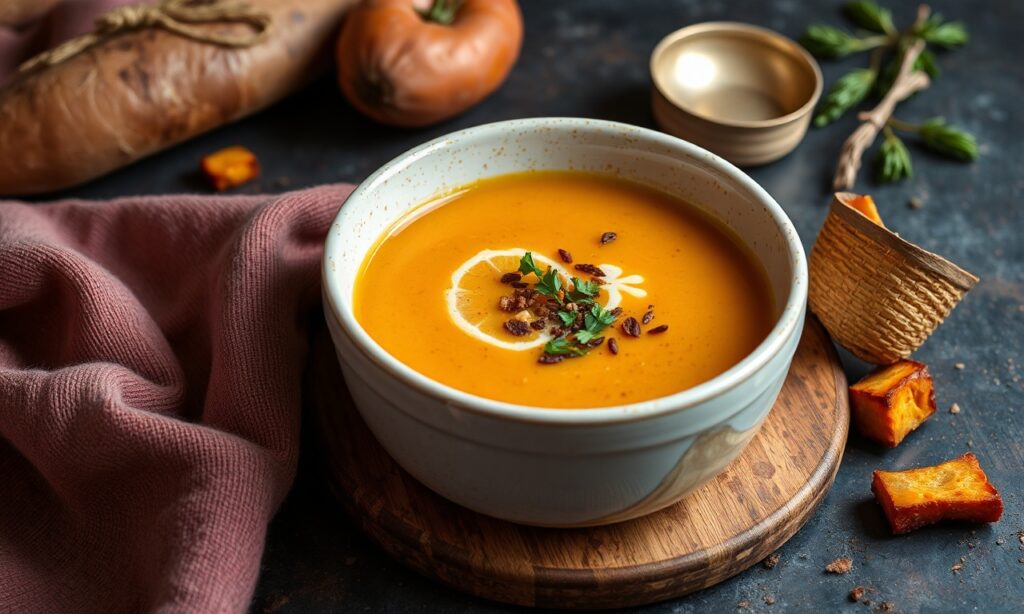 Golden Comfort: Creamy roasted sweet potato soup, nature's sweet magic.