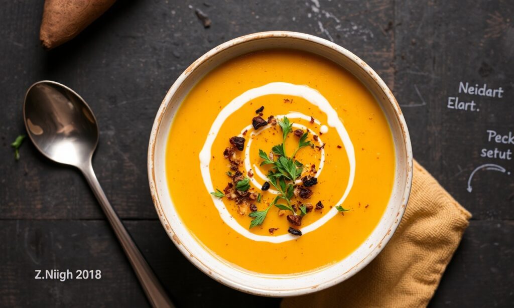 Golden Comfort soup: vibrant roasted sweet potato magic.
