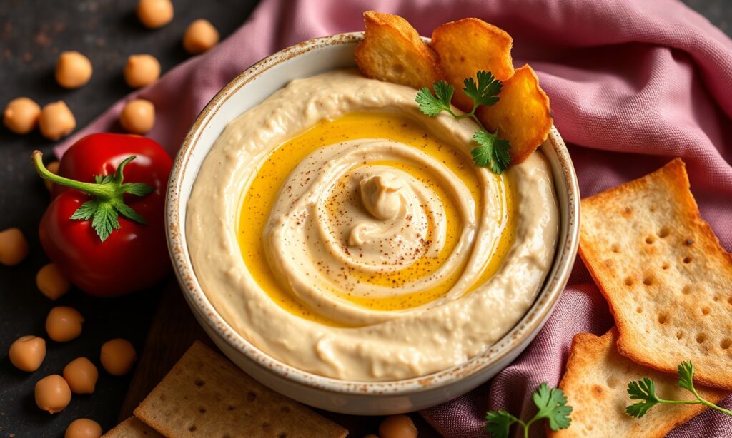 Creamy hummus recipe: easy, delicious dip made with baked chickpeas.