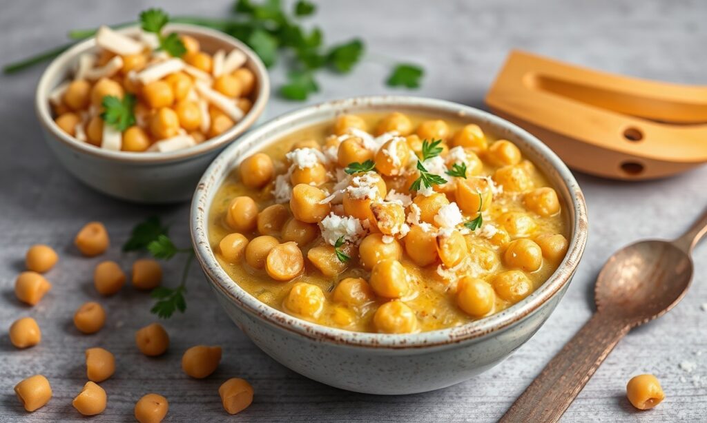 Creamy coconut curry chickpeas: a flavorful vegetarian delight.