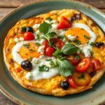 Sun-kissed Mediterranean frittata with feta and fresh vegetables.