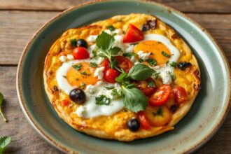 Sun-kissed Mediterranean frittata with feta and fresh vegetables.