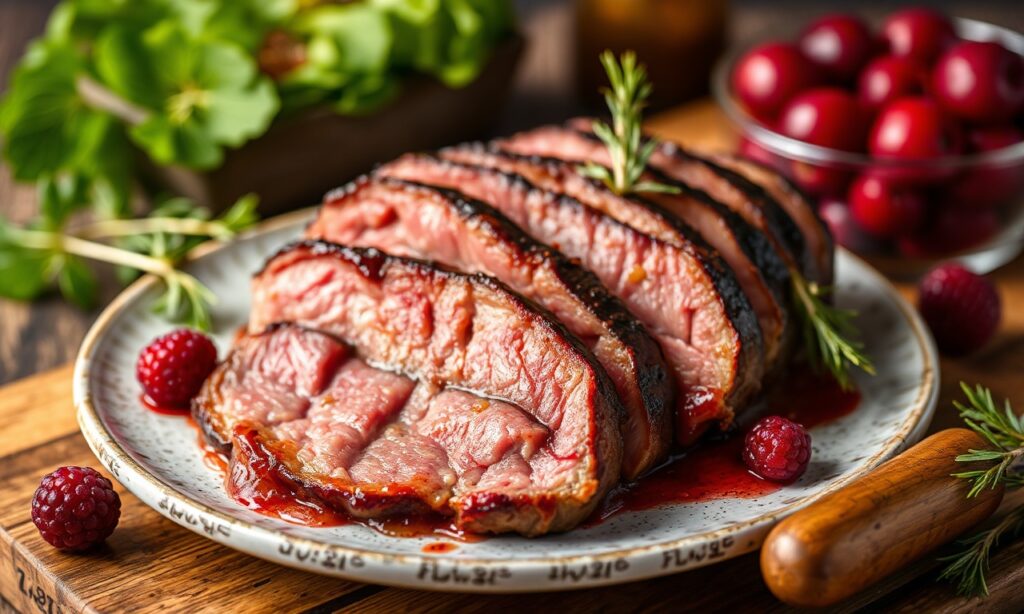 Savor flavor: Smoked duck breast with red berries, a delicious one-bite experience.
