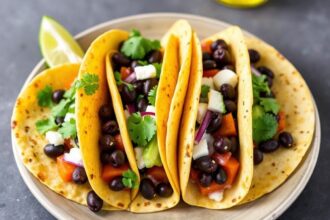 Bold bright black bean sweet potato tacos recipe inspiration.