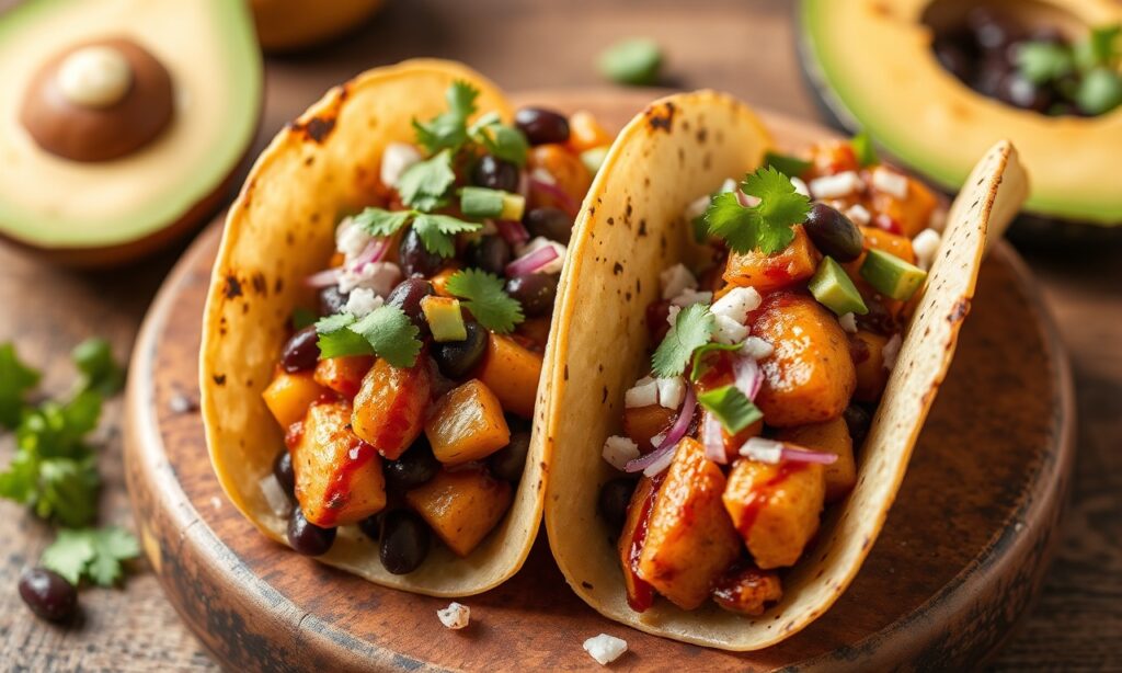 Bold Bright black bean sweet potato tacos: comforting, adventurous, hearty.