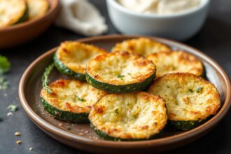 Crispy baked parmesan zucchini rounds, savory snack delight.