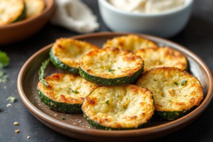 Crispy baked parmesan zucchini rounds, savory snack delight.