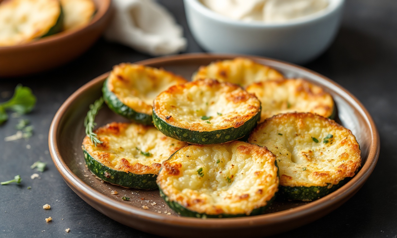 Crispy baked parmesan zucchini rounds, savory snack delight.