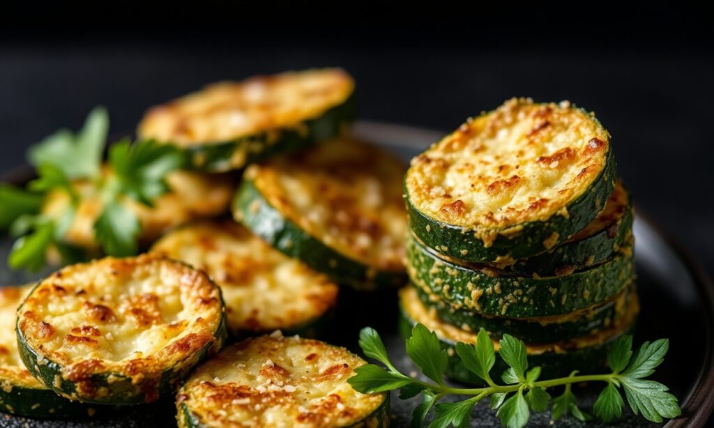 Crispy baked Parmesan zucchini rounds, savory snack delight.