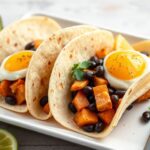 Hearty breakfast tacos with sweet potato and black beans, best for eating.
