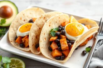 Hearty breakfast tacos with sweet potato and black beans, best for eating.
