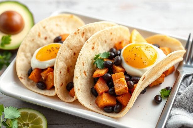 Hearty breakfast tacos with sweet potato and black beans, best for eating.