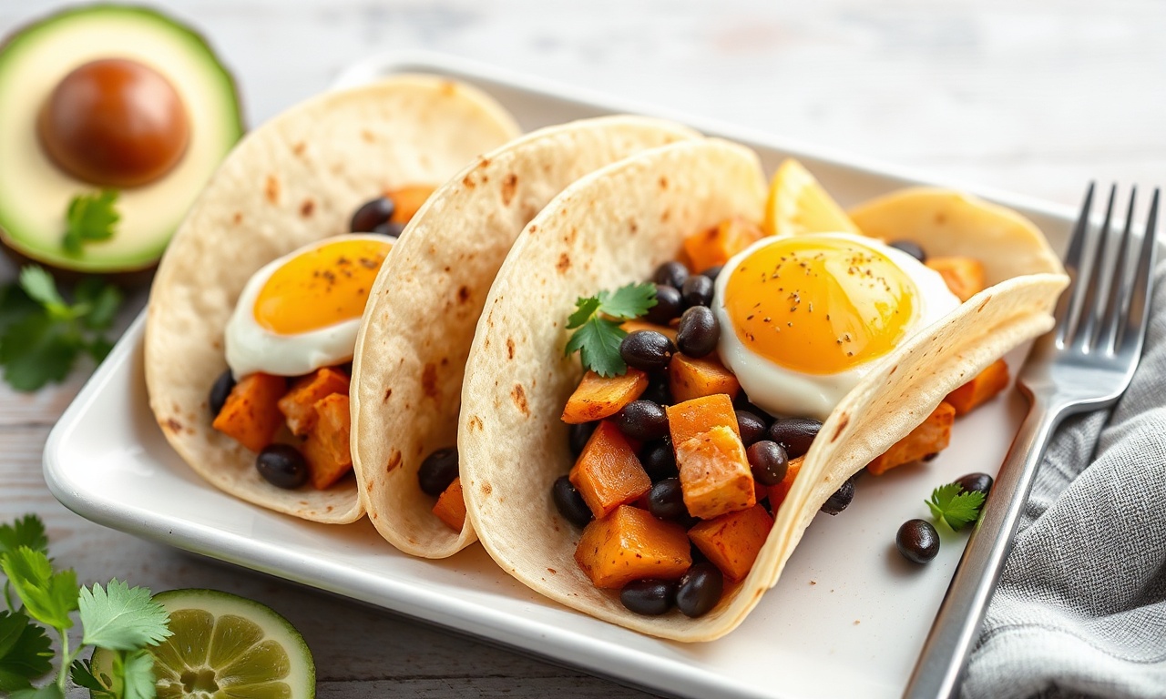 Hearty breakfast tacos with sweet potato and black beans, best for eating.