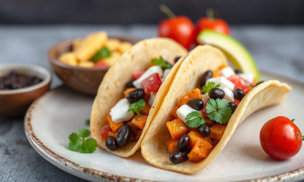 Hearty breakfast tacos: sweet potato, black beans, vibrant, fast, delicious morning meal.