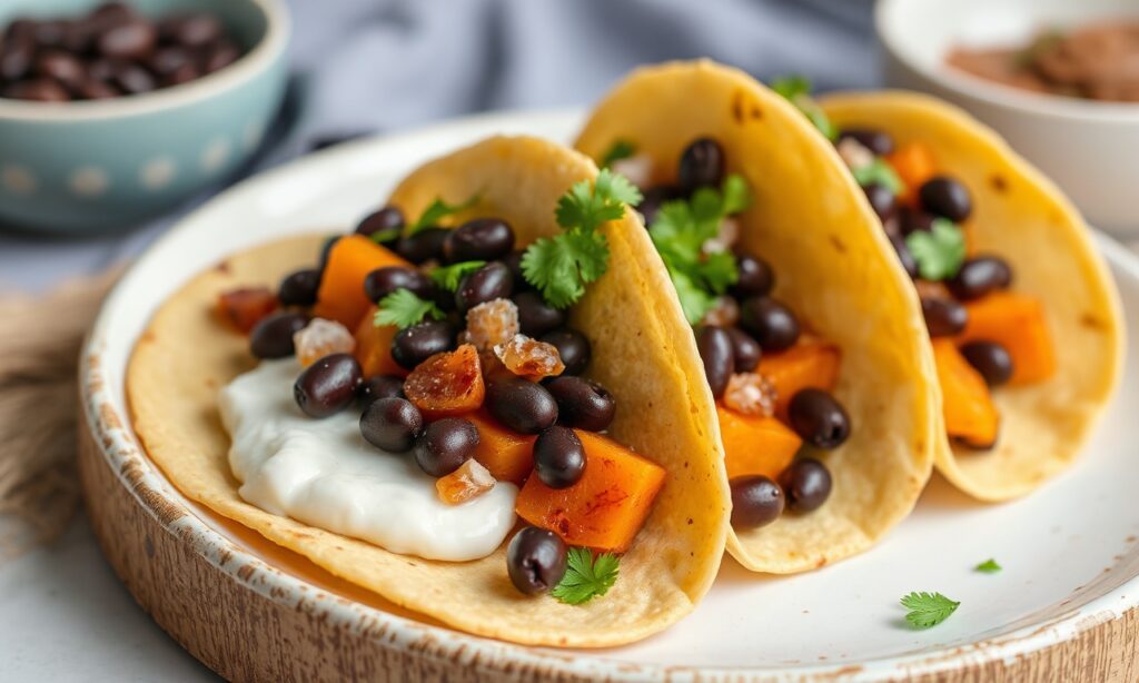Hearty breakfast tacos with sweet potato and black beans.