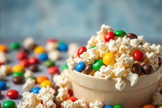Sweet salty popcorn with M&Ms, a delightful snack mix.