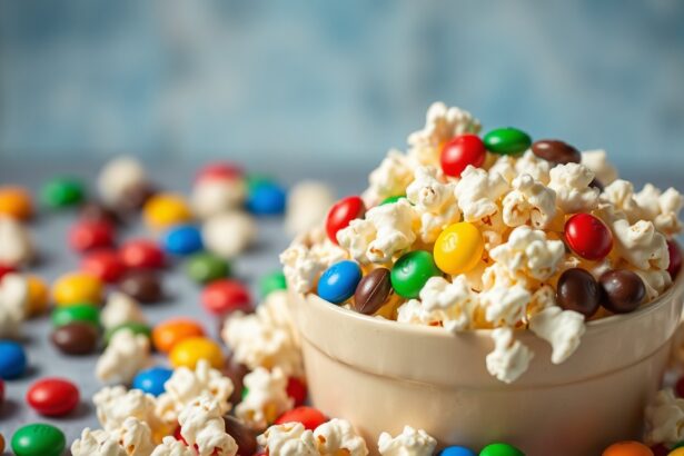 Sweet salty popcorn with M&Ms, a delightful snack mix.