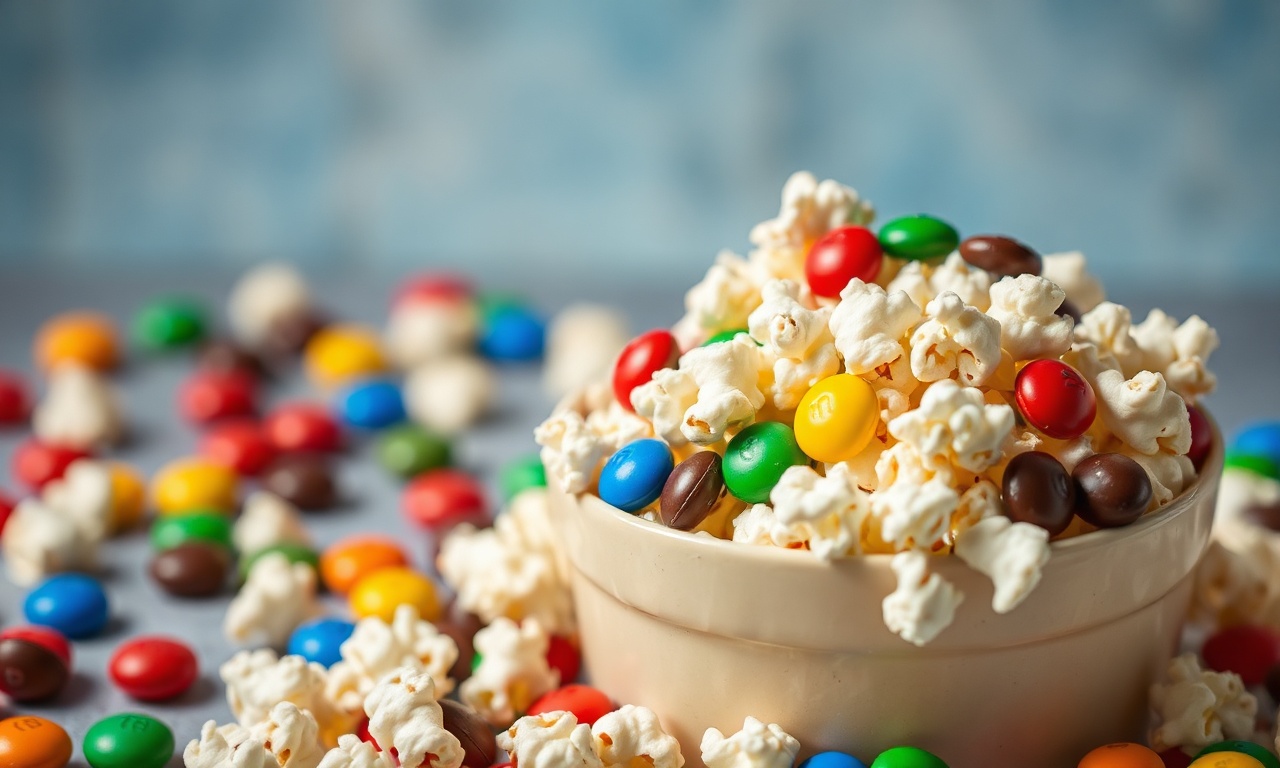 Sweet salty popcorn with M&Ms, a delightful snack mix.