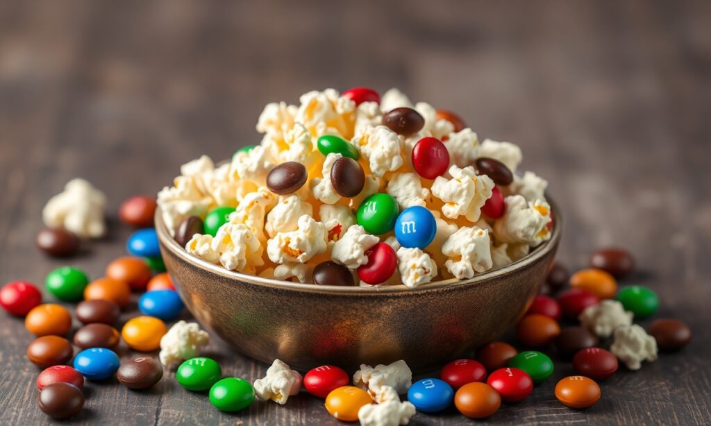 Sweet salty popcorn with M&Ms: unexpected delicious bliss.