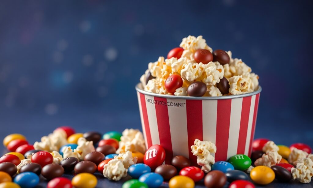 Sweet salty popcorn and M&Ms bliss: a perfect snack.