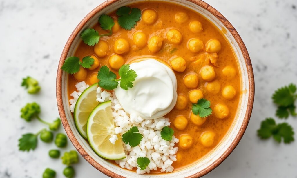 Tropical Twist: Brazilian coconut curry with chickpeas, a flavorful dish.