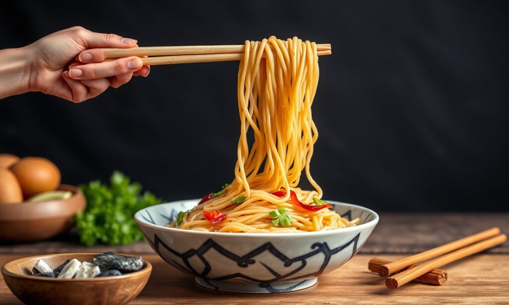 Korean stir-fried glass noodles (Japchae) with vibrant ingredients.