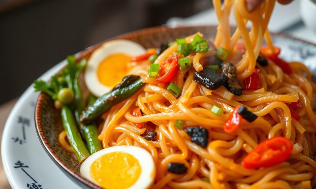Korean Stir-fried Glass Noodles (Japchae) - colorful and delicious.