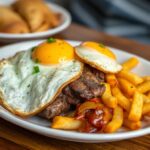 Hearty Bistec lo Pobre: Chile's famous steak and eggs.
