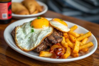 Hearty Bistec lo Pobre: Chile's famous steak and eggs.
