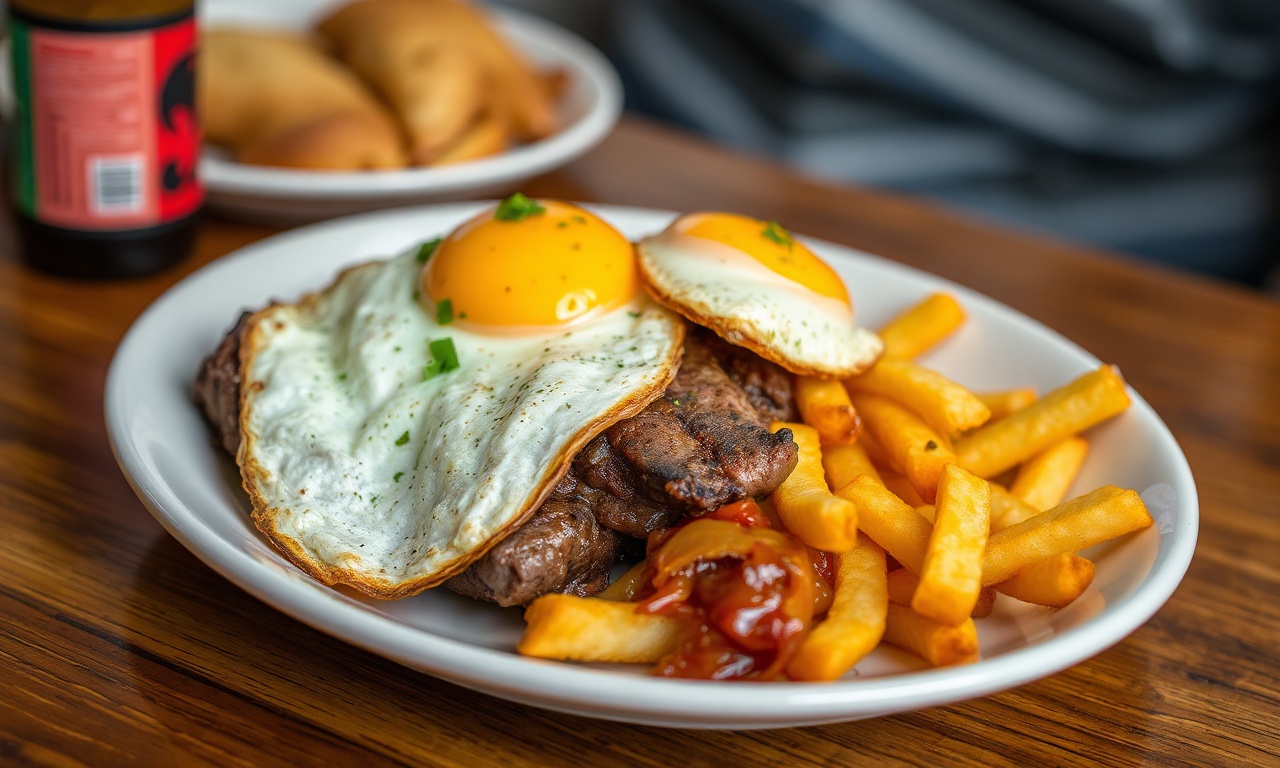 Hearty Bistec lo Pobre: Chile's famous steak and eggs.