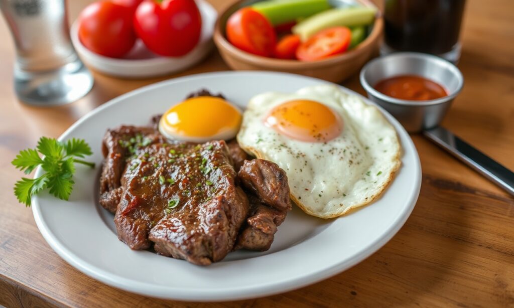 Bistec lo Pobre: Chile's hearty steak, eggs, fries, and onions delight.