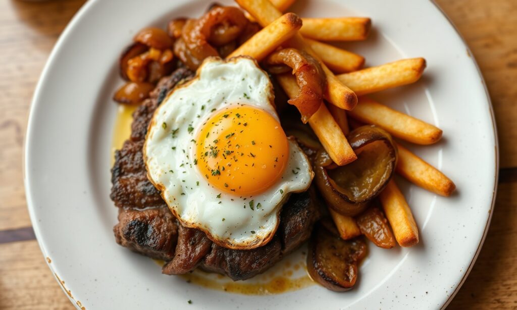 Hearty Bistec lo Pobre: Chilean steak and eggs, a delicious street food delight.