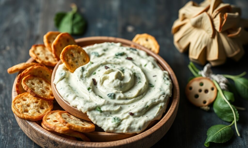 Creamy dairy-free spinach artichoke dip: healthy, nutrient-packed appetizer.