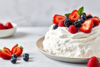 Heavenly Summer Berry Pavlova: meringue, cream, berries.