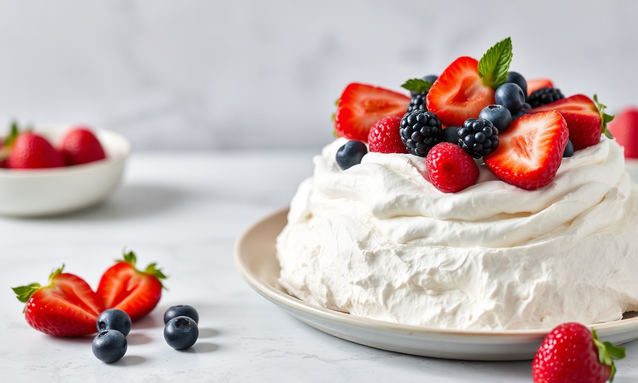 Heavenly Summer Berry Pavlova: meringue, cream, berries.