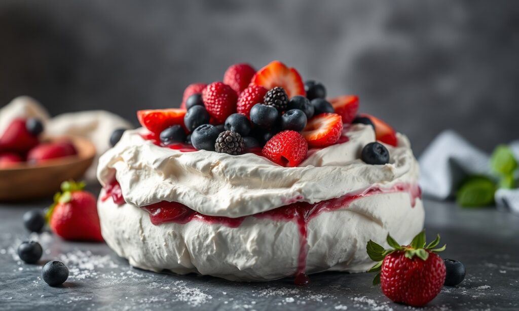 Heavenly Summer berry pavlova: crispy meringue, cream, fresh berries.
