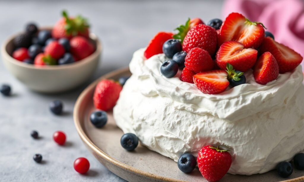 Heavenly Summer Berry Pavlova: Crispy meringue, fresh berries, sweet cream.