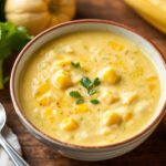Sun-kissed summer squash corn chowder, creamy delight recipe.