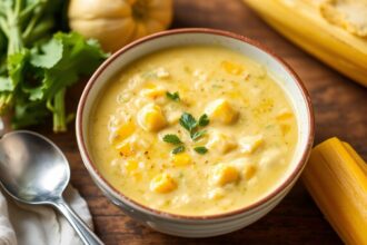Sun-kissed summer squash corn chowder, creamy delight recipe.