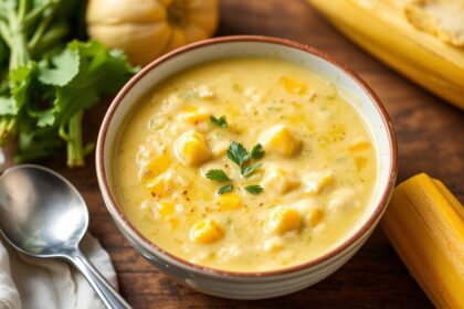 Sun-kissed summer squash corn chowder, creamy delight recipe.
