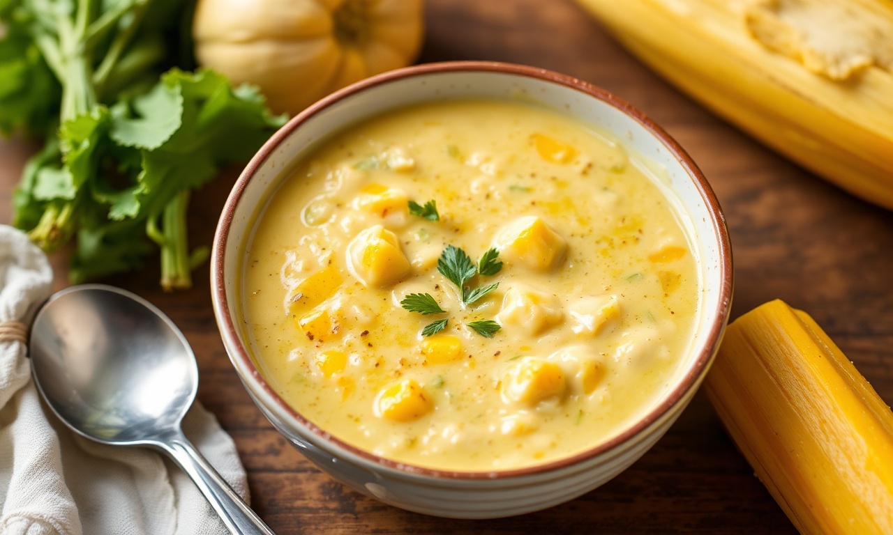 Sun-kissed summer squash corn chowder, creamy delight recipe.