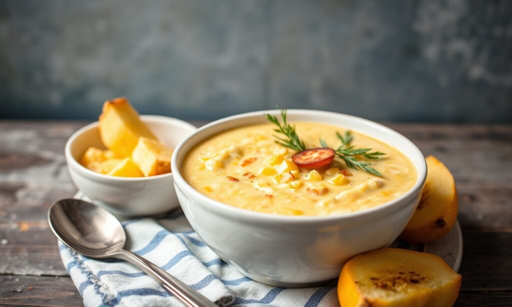 Creamy sun-kissed summer squash and corn chowder from sun-drenched fields.