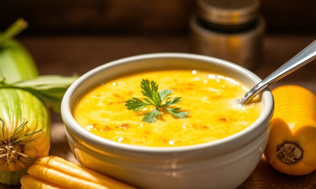Sun-kissed summer squash corn chowder, a creamy delight.