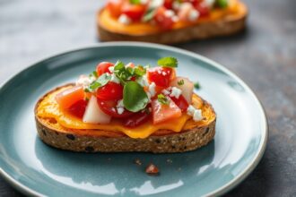 Delicious sweet potato toast with colorful toppings.
