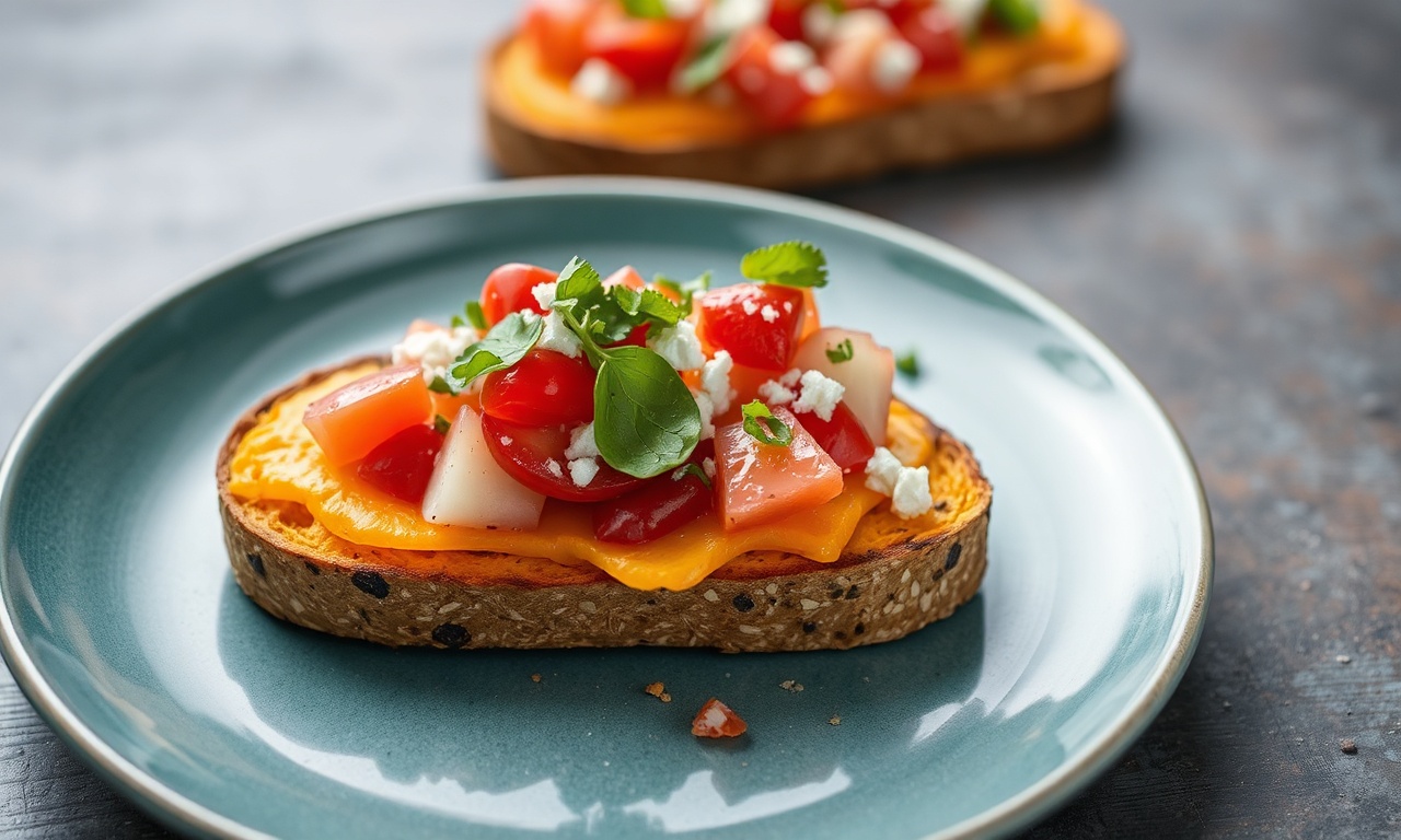 Delicious sweet potato toast with colorful toppings.