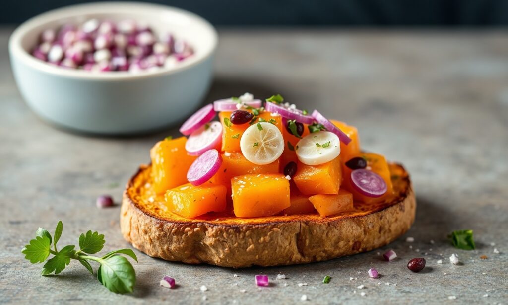 Delicious sweet potato toast with vibrant toppings for a healthy snack.